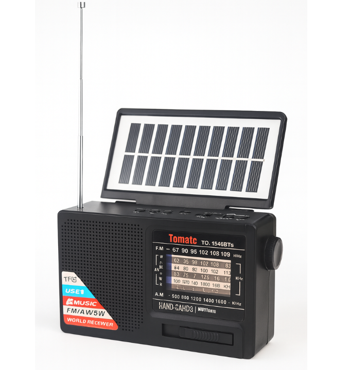 🖤 BlackLite Radio – Bluetooth · Linterna LED · Panel Solar ⚡