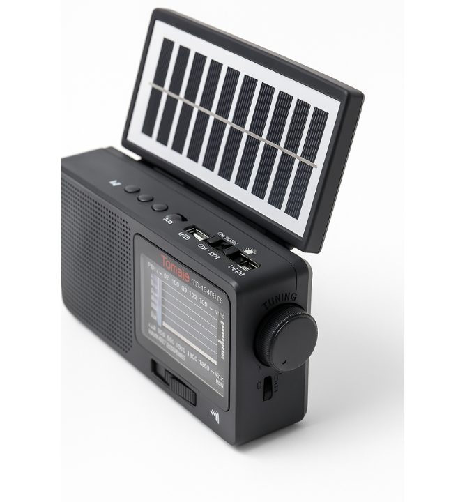 🖤 BlackLite Radio – Bluetooth · Linterna LED · Panel Solar ⚡