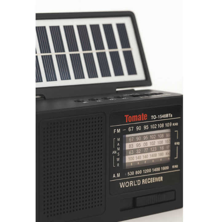 🖤 BlackLite Radio – Bluetooth · Linterna LED · Panel Solar ⚡