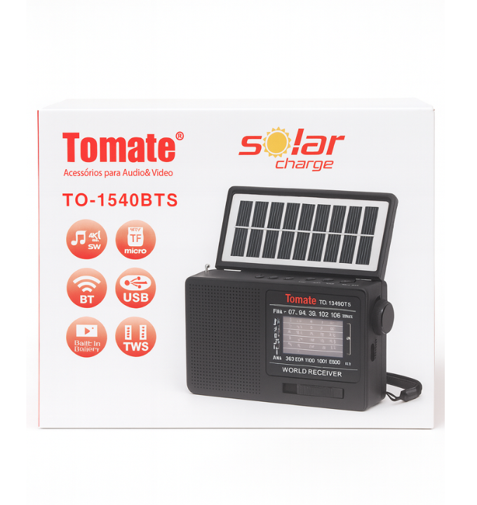 🖤 BlackLite Radio – Bluetooth · Linterna LED · Panel Solar ⚡