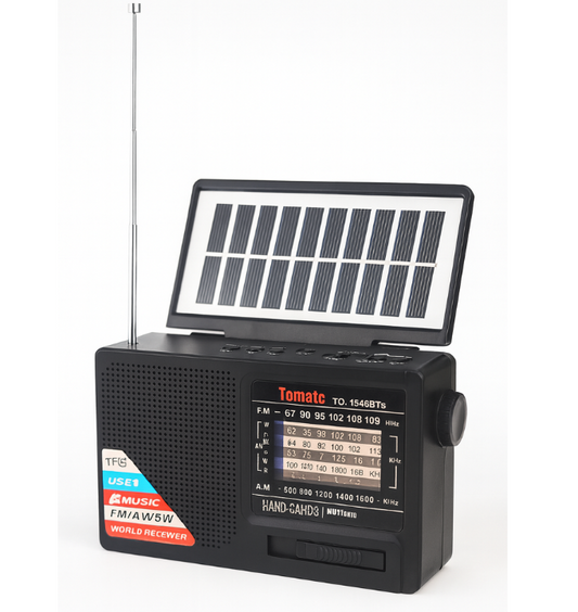 🖤 BlackLite Radio – Bluetooth · Linterna LED · Panel Solar ⚡